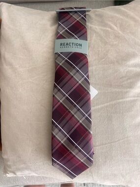 Kenneth Cole Plaid Tie in Burgundy, Maroon, White